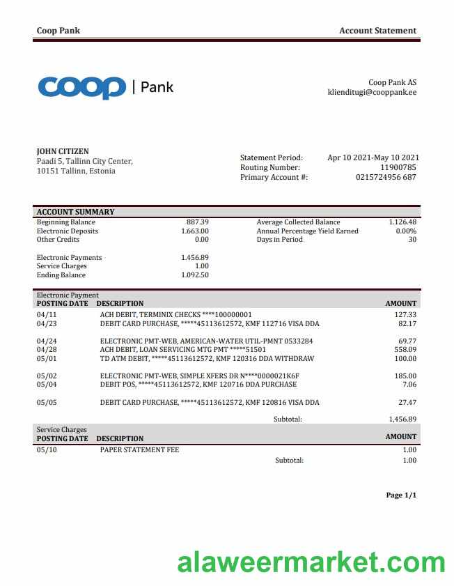 Estonia Coop Pank bank statement